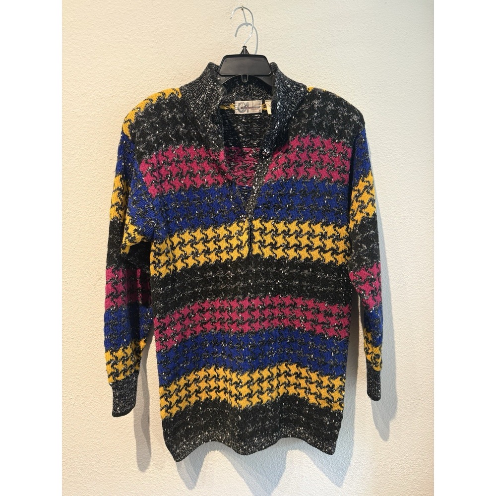Vintage Houndstooth Sweater Womens Size M Acrylic Wool Blend Color Block Retro